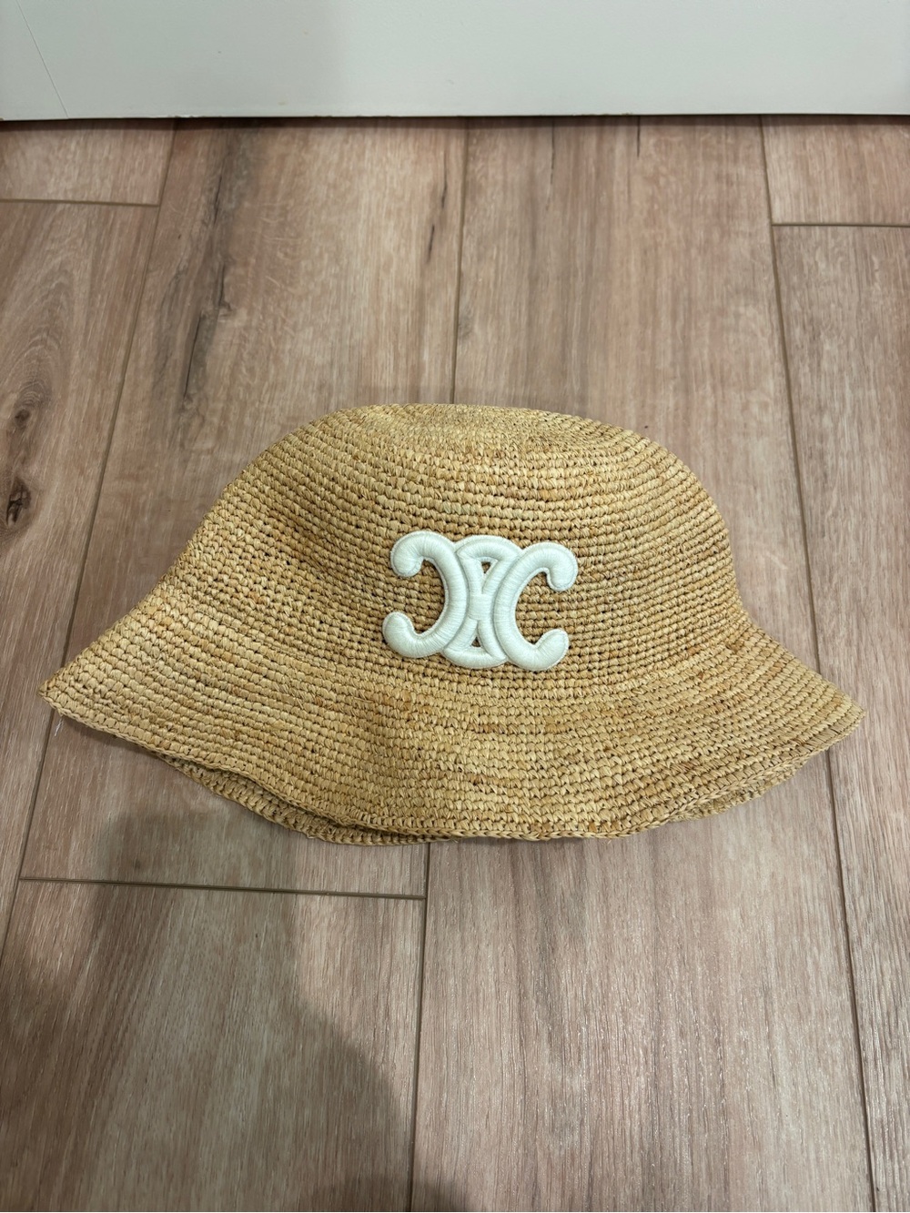 Straw Bucket Hat with White Double-C Motif